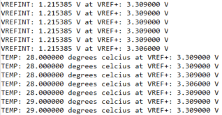 Serial readout of VREFINT measured at ~1.2153 V and VREF+ at ~3.309 V.
