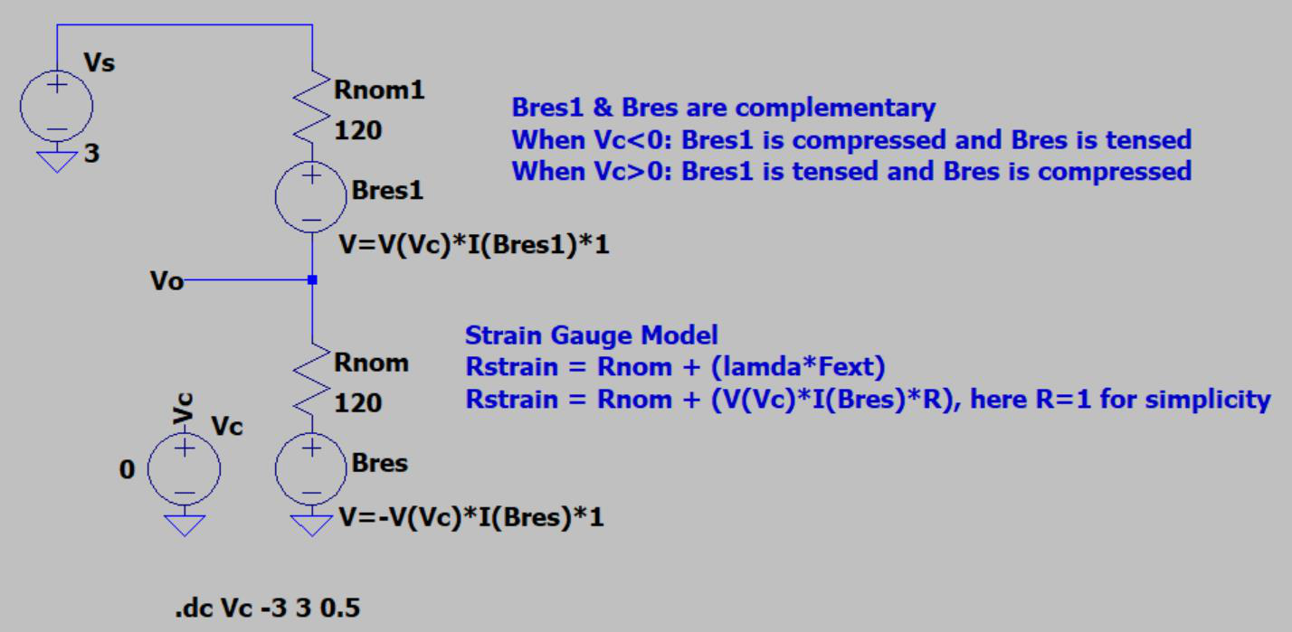 LTspice model of two complementary strain gauges forming a half-bridge.