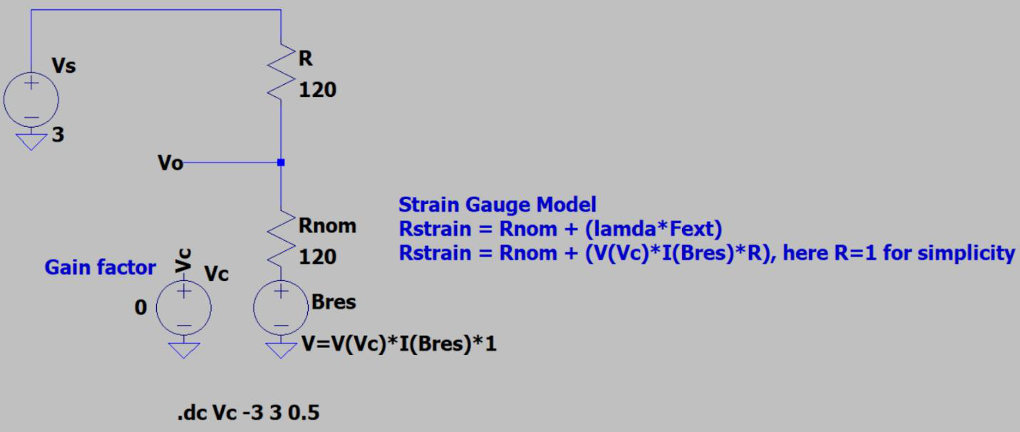 LTspice model of a single strain gauge as a voltage-controlled resistor in a voltage divider with a 120-ohm resistor.